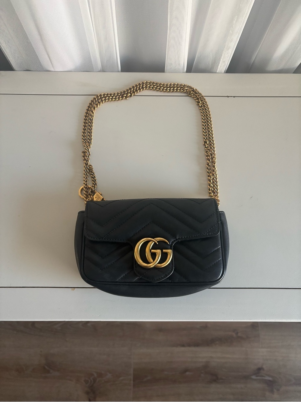 Gucci Black Matelassé Leather Shoulder Bag with Gold Double G